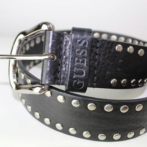 Guess 100% Leather Belt Black Studs 2 Rows